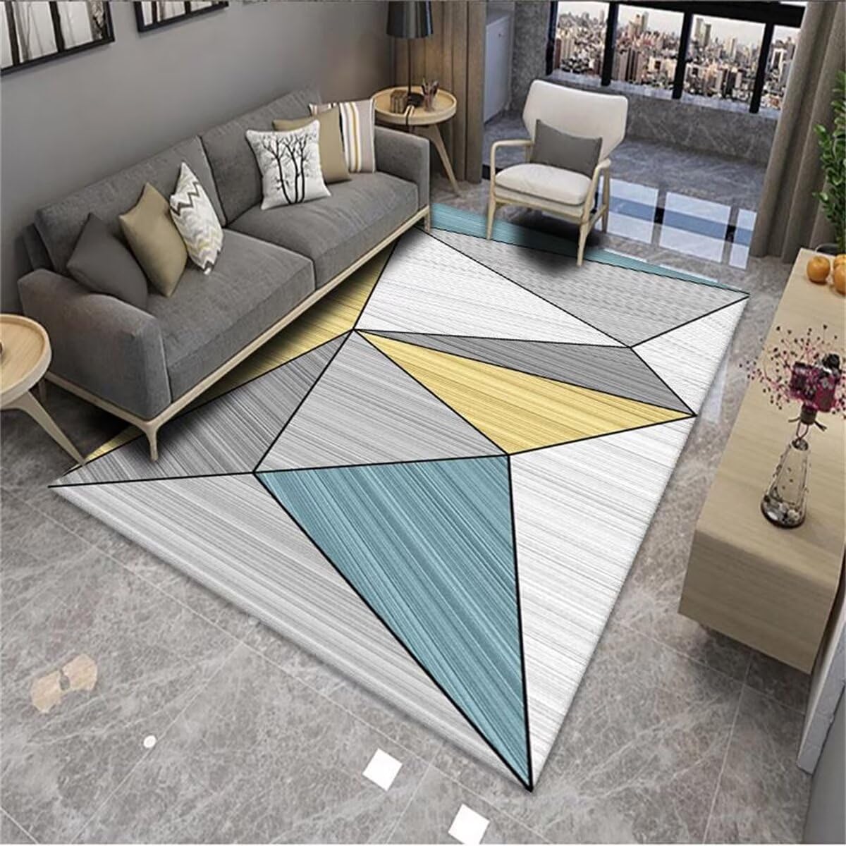 Tapis Fille Chambre Grand Tapis De Salon Design géométrique Triangulaire Gris-Bleu Texture floue antidérapante Chambre Ado 60X120CM