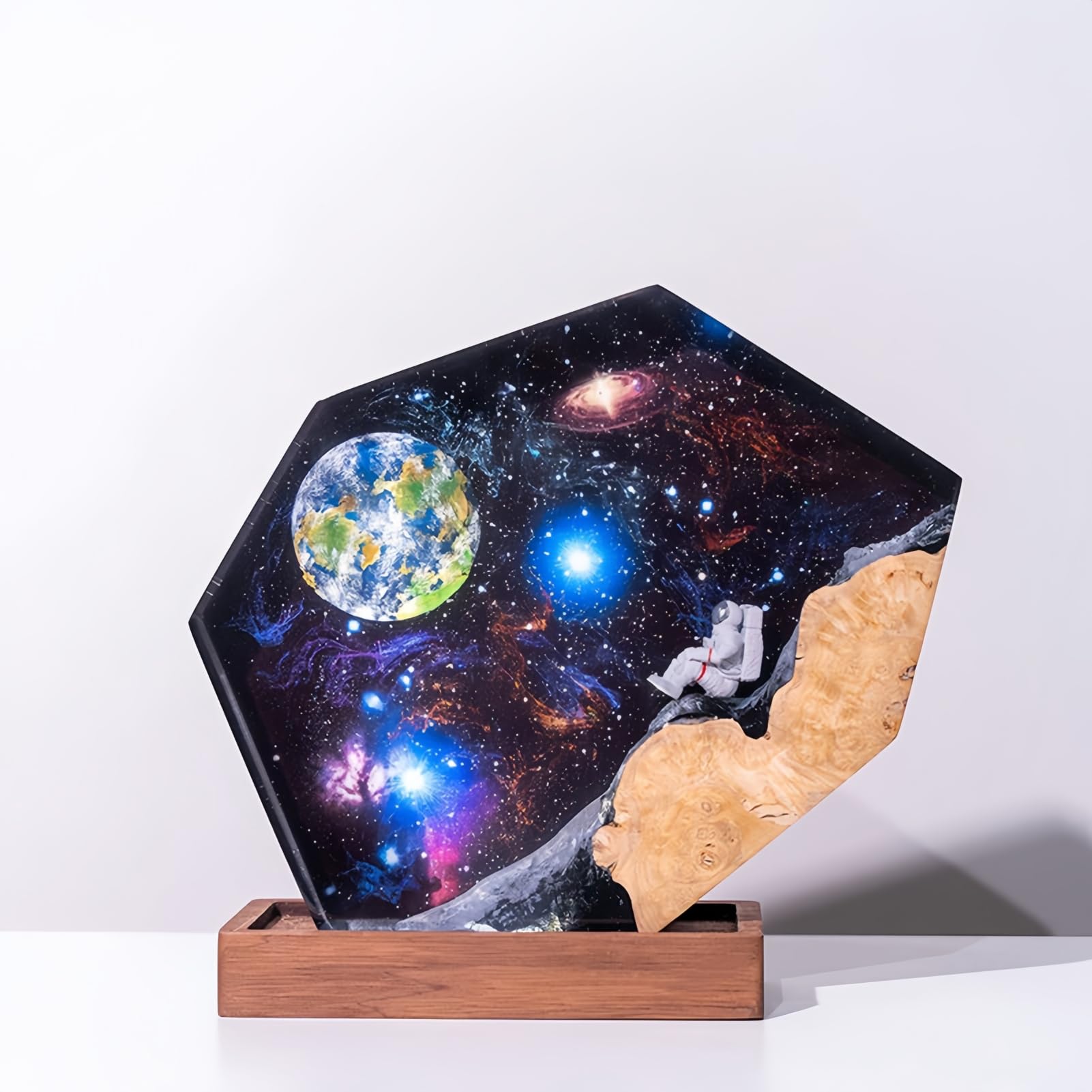 Drawelry 3D Weltraum Harz Nachtlicht Ornamente mit Holz Sockel LED Nacht Lampe Dekoration Astronaut Rakete Epoxidlampe Tischlampe Heim Büro Deko Geburtstag Geschenk für Familie, Freunde (C2)