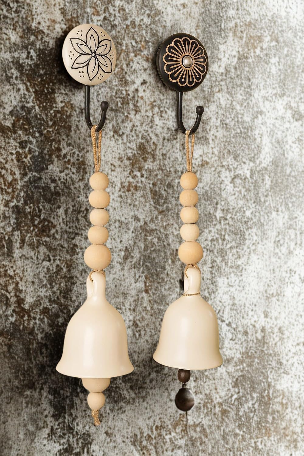 RHD Large White Boho Beaded Ceramic Bells with 2 Ceramic Hooks | 5-Inch Hanging Bells for Wall, Balcony, Home & Garden Décor | Handcrafted Wind Chime (Set of 2)-picture-22