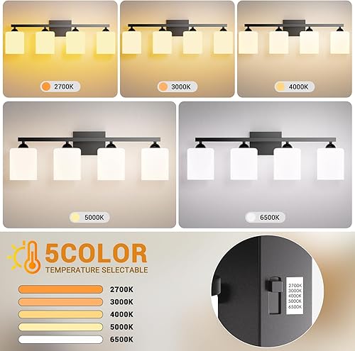 Miniatura 145 de Quntis Lámparas de baño negras de 4 luces con 5 modos de color, lámpara de tocador moderna regulable de 27 pulgadas sobre espejo, lámpara de pared