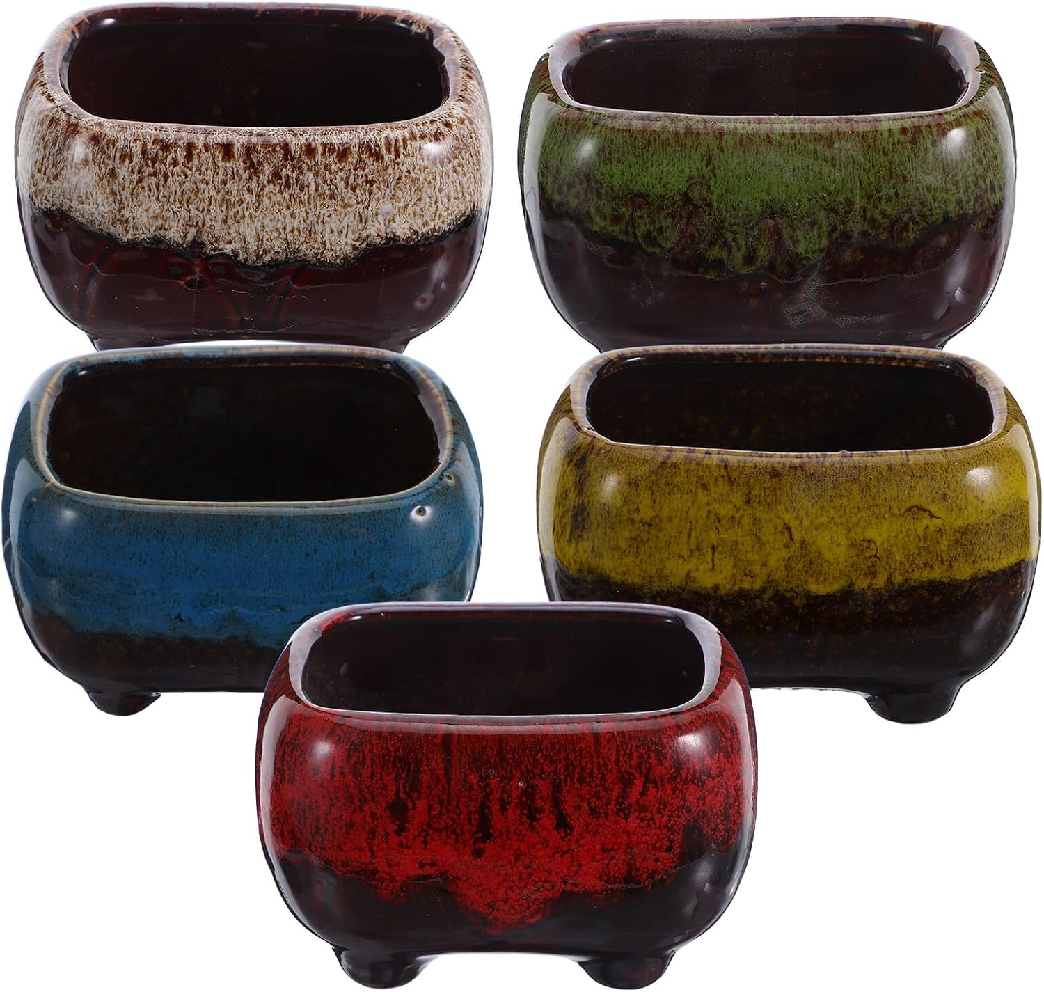 Luxshiny 5pcs Small Ceramic Succulent Flowerpot Set with Drainage and Base for Indoor Plants, Colorful Desk Planters for Home Garden Decor