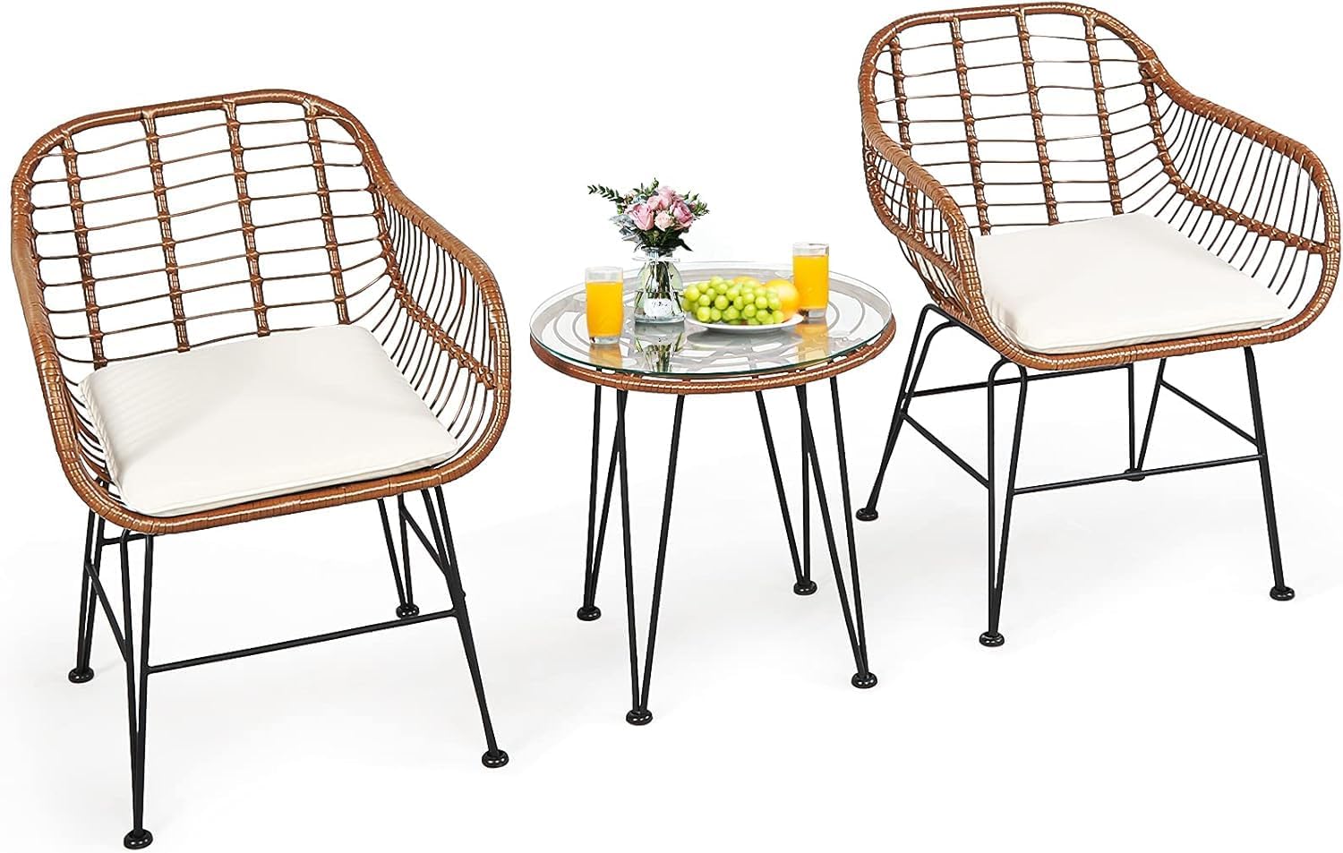 A 3-piece Furniture Set, Including A Round Tempered Glass Table and Two Rattan Chairs, Suitable for Outdoor Use(Yellow - White)