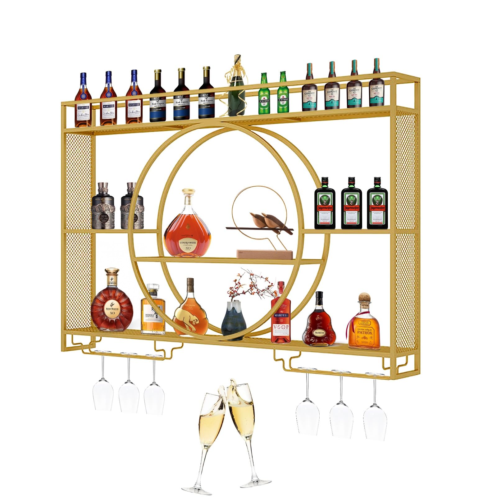Botellero Con Luz LED Montado En La Pared, Botellero Estanterias Colgantes Con Soporte Copas Colgante Y Luz LED, Estante De Vino Montado En La Pared Para Cocina Bodega Bar Salón(Gold,160*15*80)