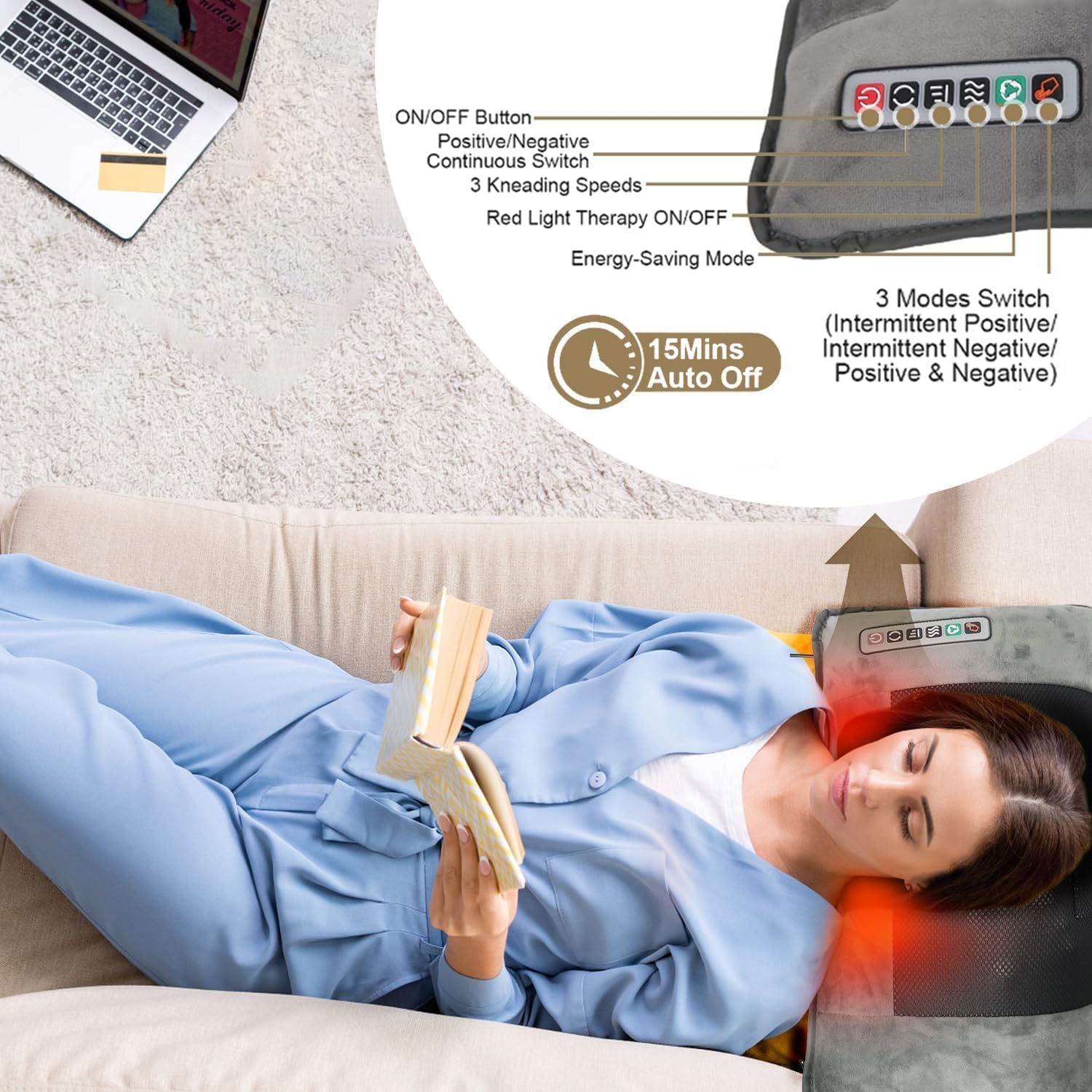 TeqHome Massage Mat with Shiatsu Neck Massager, Full Body Massage Mat Mattress with Heat & Movable Shiatsu Neck Back Massager Pillow, 10 Vibrating Motors & 9 Massage Modes for Back Leg Pain Relief