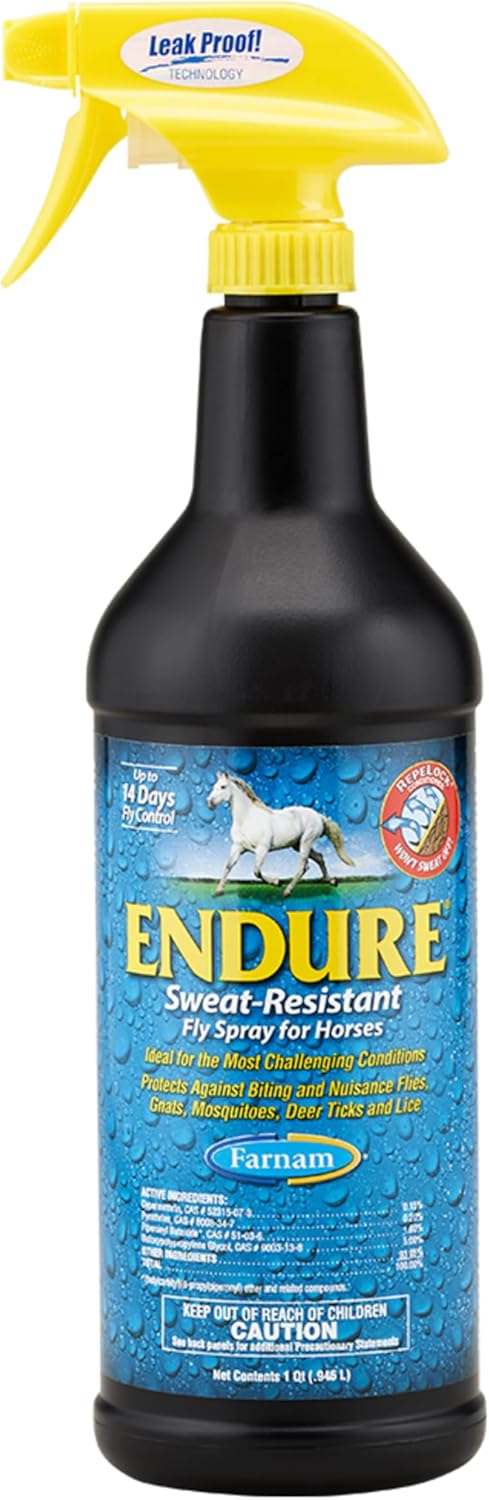 Farnam Endure Sweat-Resistant Fly Spray for Horses, Lasts Up to 14 Days, Protects Against Flies, Gnats, Mosquitoes, Ticks & Lice, 32 oz.