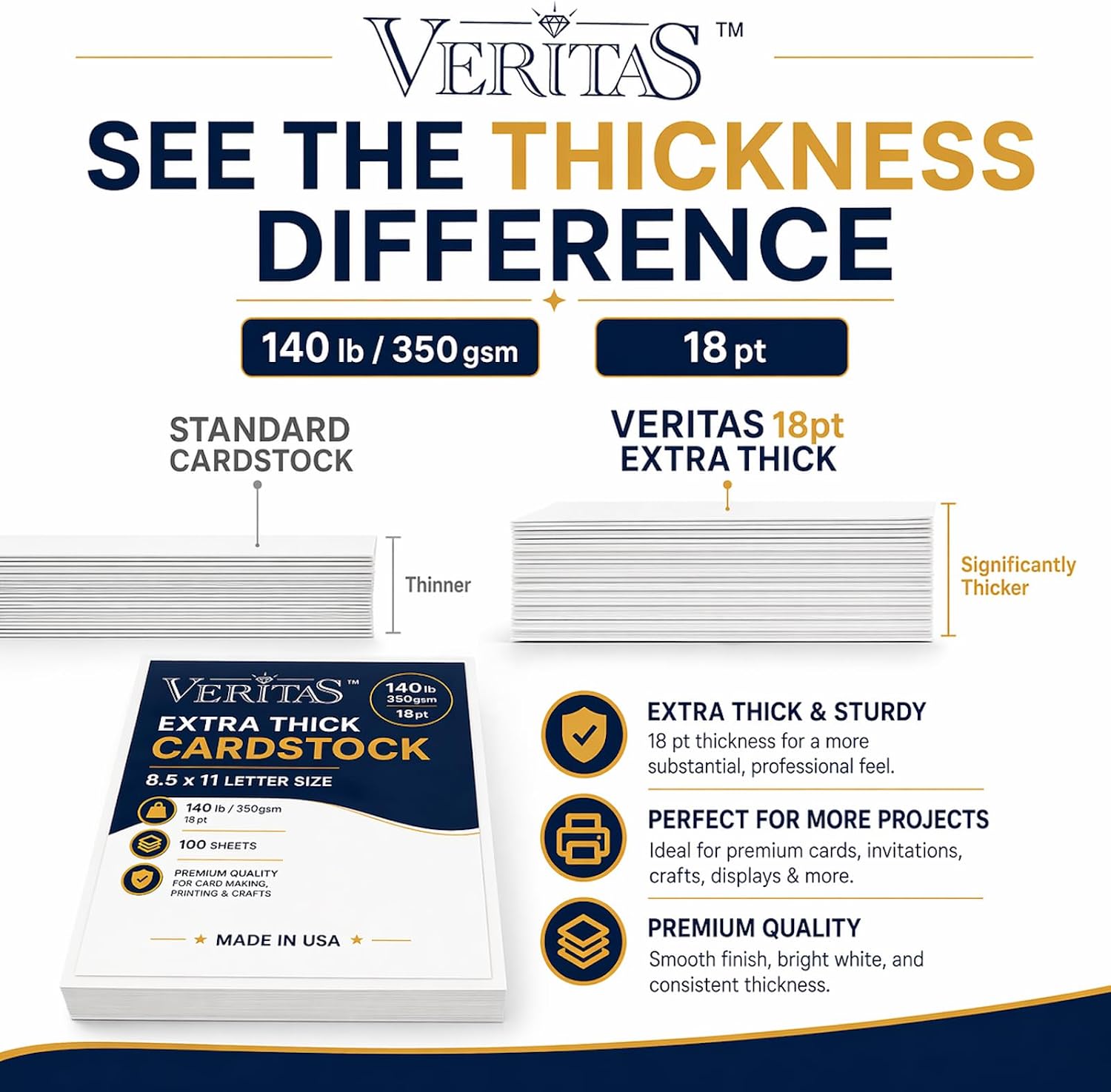 Veritas 18PT Extra Thick White Cardstock, 140LB/350GSM Heavy Weight Card Stock, 8.5" x 11" Letter Size Cover Stock Paper, 50 Sheets, Made in USA, for Invitations, Certificates, Greeting Cards, Covers