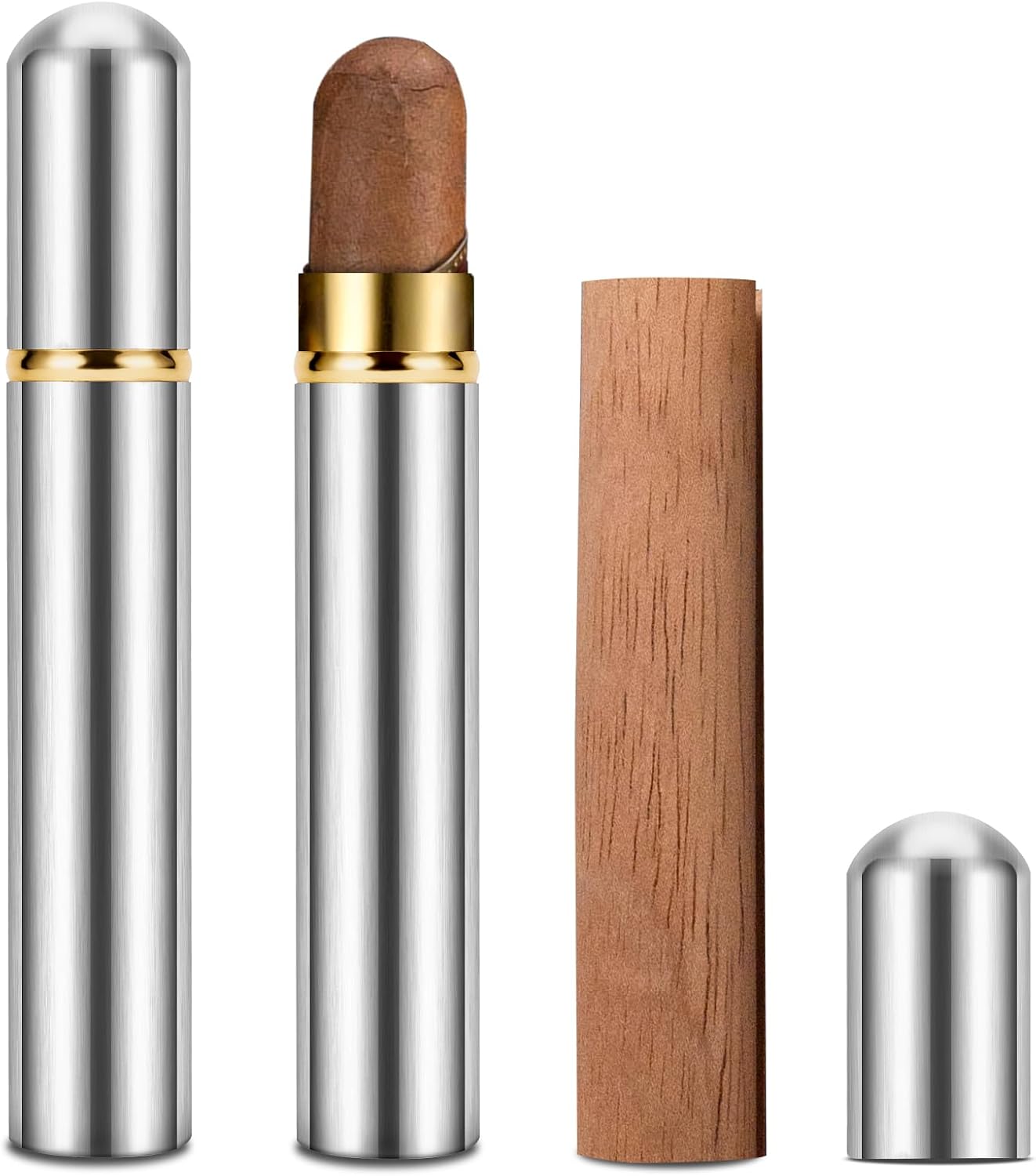 Cigar Tube, Aluminum Cigar Humidor Travel Airtight Single Cigar Holder Case Includes Cedar Wood Ships Silver,Gifts for Men（1 Piece Set)