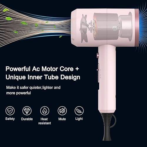 Miniatura 2 de Slopehill - Secador de pelo iónico profesional de 1800 W, bajo ruido y secado rápido, con 2 boquillas concentradoras y 1 difusor, ideal para el