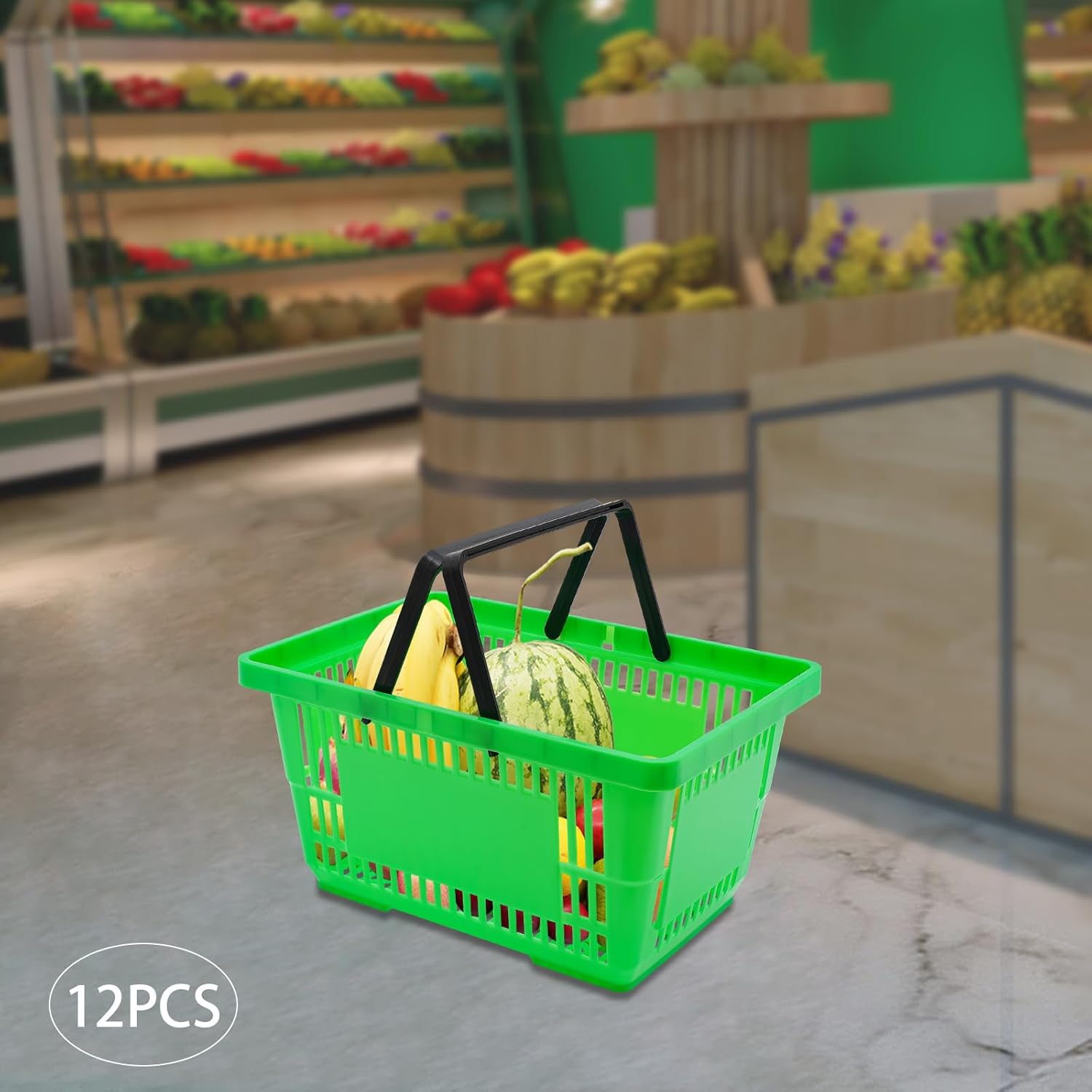 12 Pcs Shopping Baskets, 18 L Plastic Shopping with Handles Store Retail Baskets with Handles for carrying and storing sundries, clothes (Green)