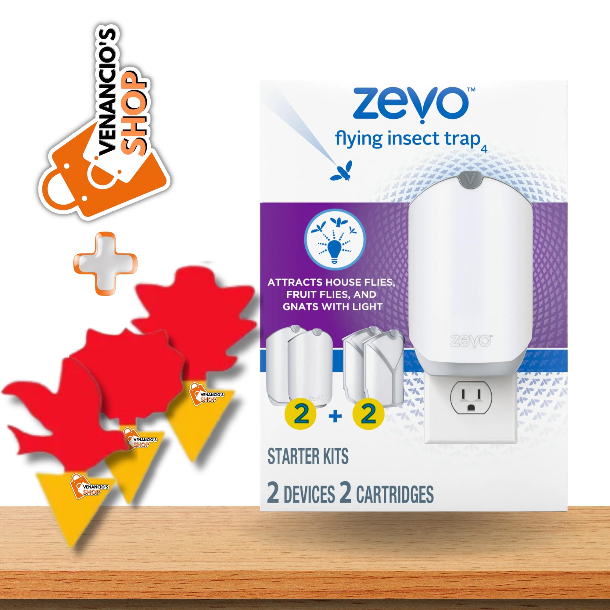 Zevo [Refill + Device] Flying Insect Trap Fly Trap, Flying Insects Fruit Flies Gnats House + Includes Exclusive Venancio’sFridge Sticker & Sticky Fruit Trap (2 Devices + 2 Refills )