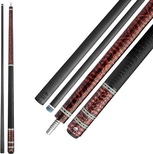 RHINO Taco de billar retro - Cocobolo, Bocote, Ébano, Snakewood, Thuya - Envoltura de cuero de microfibra con relieve de cocodrilo - Junta de 38-8 -