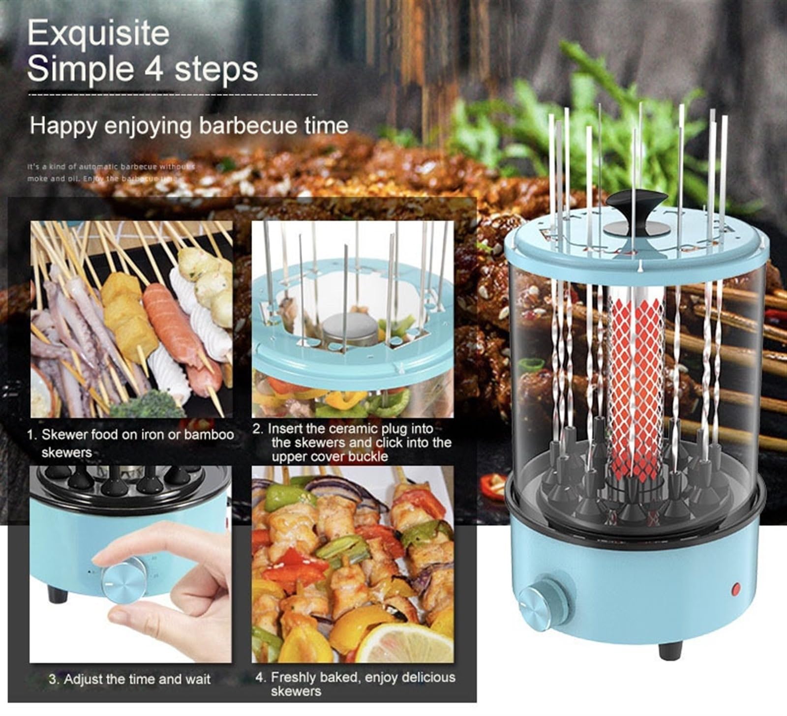 Frytkownice, Piekarnik elektryczny automatyczny obrotowy szpikulec bezdymny grill Grill Cup BBQ Kebab maszyna rożna pieczeń domowa kuchenka grzewcza(Blauw)