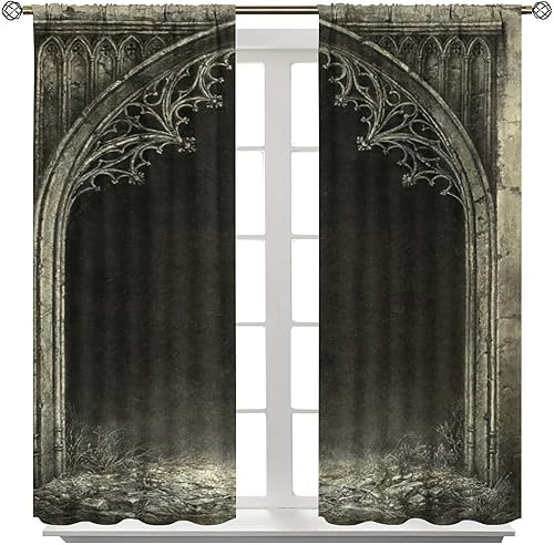 Miniatura 8 de Cortinas góticas góticas de fantasía con patrón de temática impresa para niños y niñas, decoración de sala de estar, 2 juegos de 42 pulgadas de