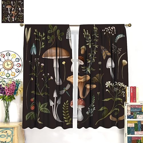 Vista 359 de Cortinas opacas con bolsillo para cortinero, diseño de hongos, con bolsillo para cortinero, para dormitorio, sala de estar, con aislamiento térmico