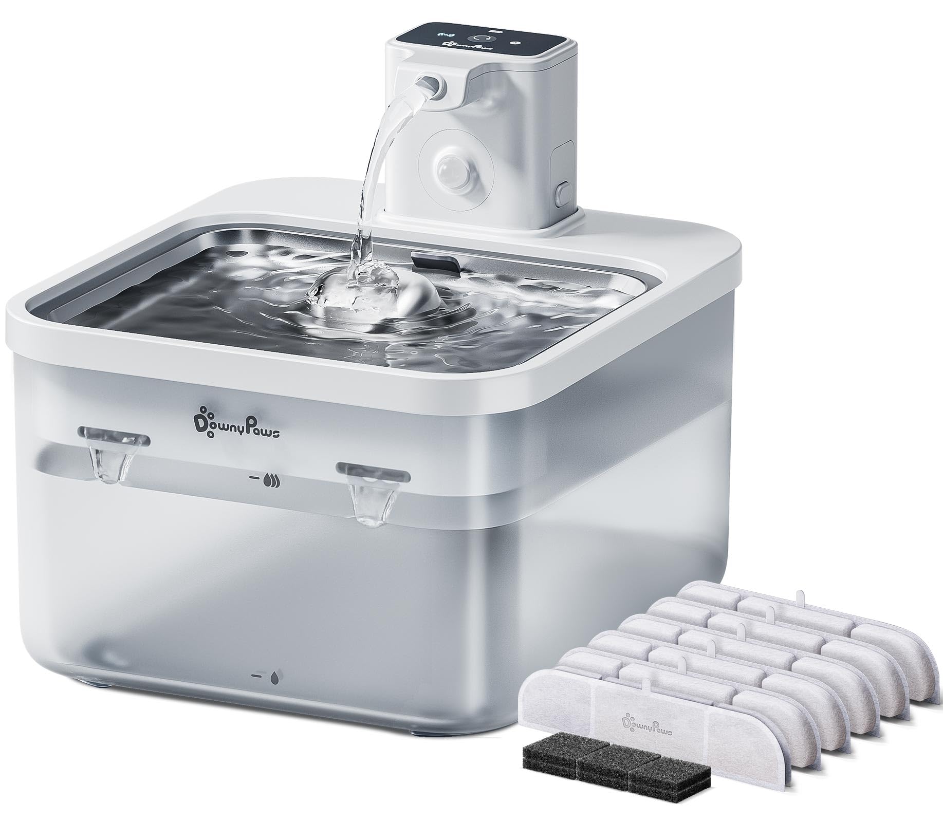 DownyPaws 2.5L Drinking Fountain for Cat Wireless with Motion Detector and Battery Operated, 4000mAh, Quiet Water Pump, Stainless Steel Tray, White with 6 Filters โ image 1