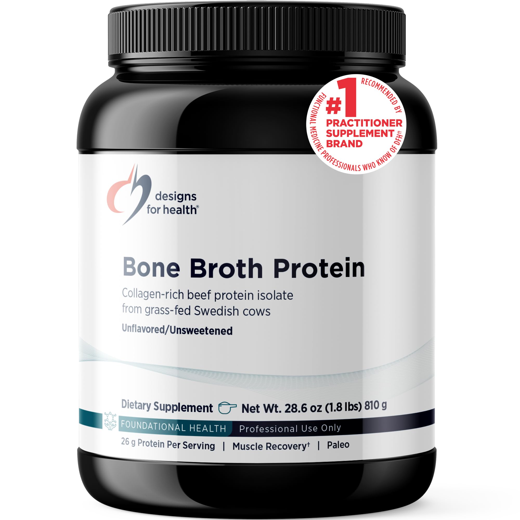 Designs for Health Bone Broth Protein Powder - 26g Grass-Fed, Collagen-Rich Beef Protein Isolate – Unflavored, Paleo, Non-GMO, Dairy-Free (30 Servings / 810g)