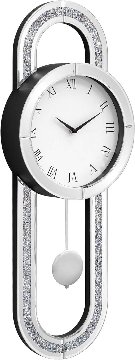 SHYFOY Decorative Wall Clock 31.5" Mirrored Pendulum Clock Silent Quality Quartz Luxury Large Wall Clocks with Crushed Diamond and Silver Glass for Living Room Home Decor & Gift