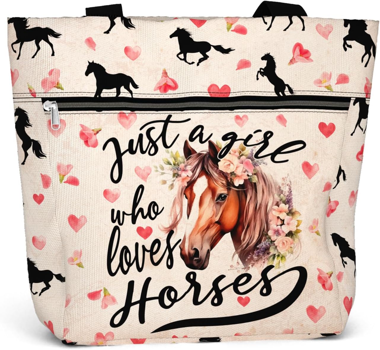 84hoods Large Tote Bag for Women. Waterproof Bag with Pockets and Zipper. Gift for Horse Lover.