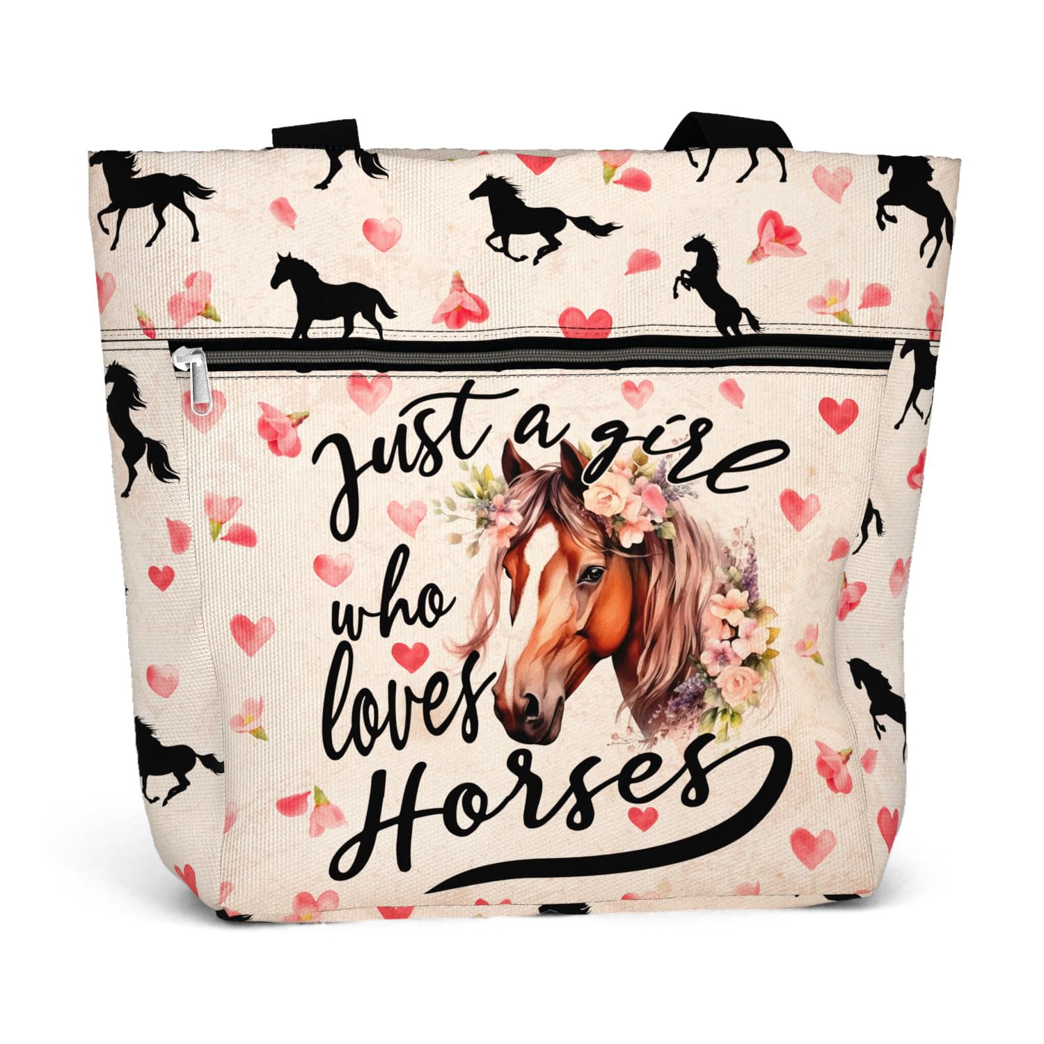 84hoods Large Tote Bag for Women. Waterproof Bag with Pockets and Zipper. Gift for Horse Lover.