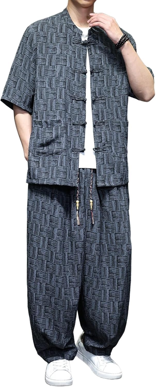 Men's Chinese Style Loose Ice Silk Lightweight Casual Tang Suit Short Sleeve Casual Pants 2 Piece