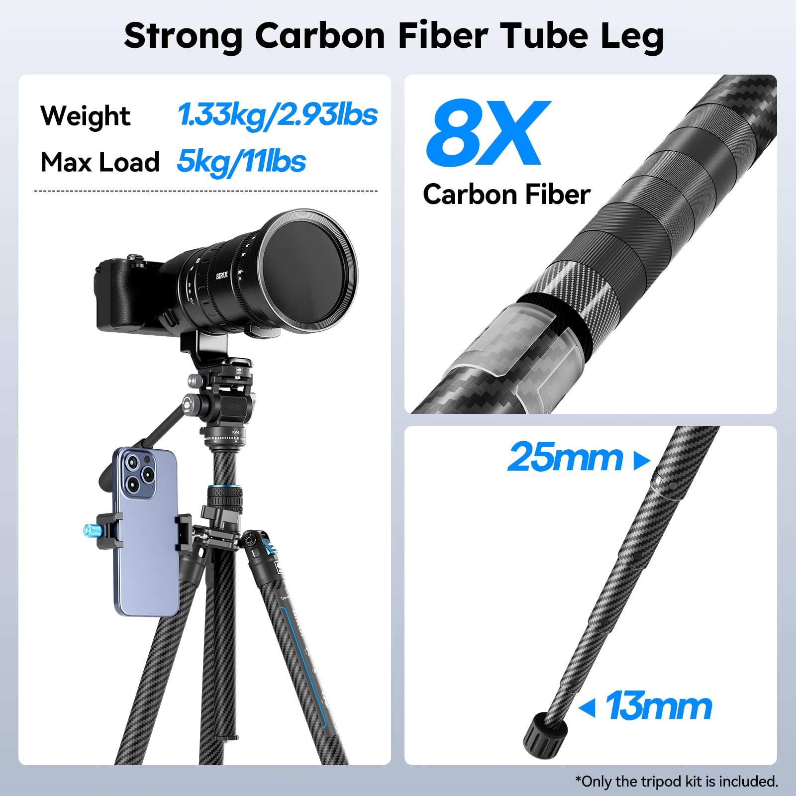 SIRUI Traveler Air Trépied pour appareil photo en carbone avec tête inclinable KV-5, ultra léger de 1,33 kg, hauteur maximale de 152 cm, capacité de charge de 5 kg, trépied de voyage compact pour