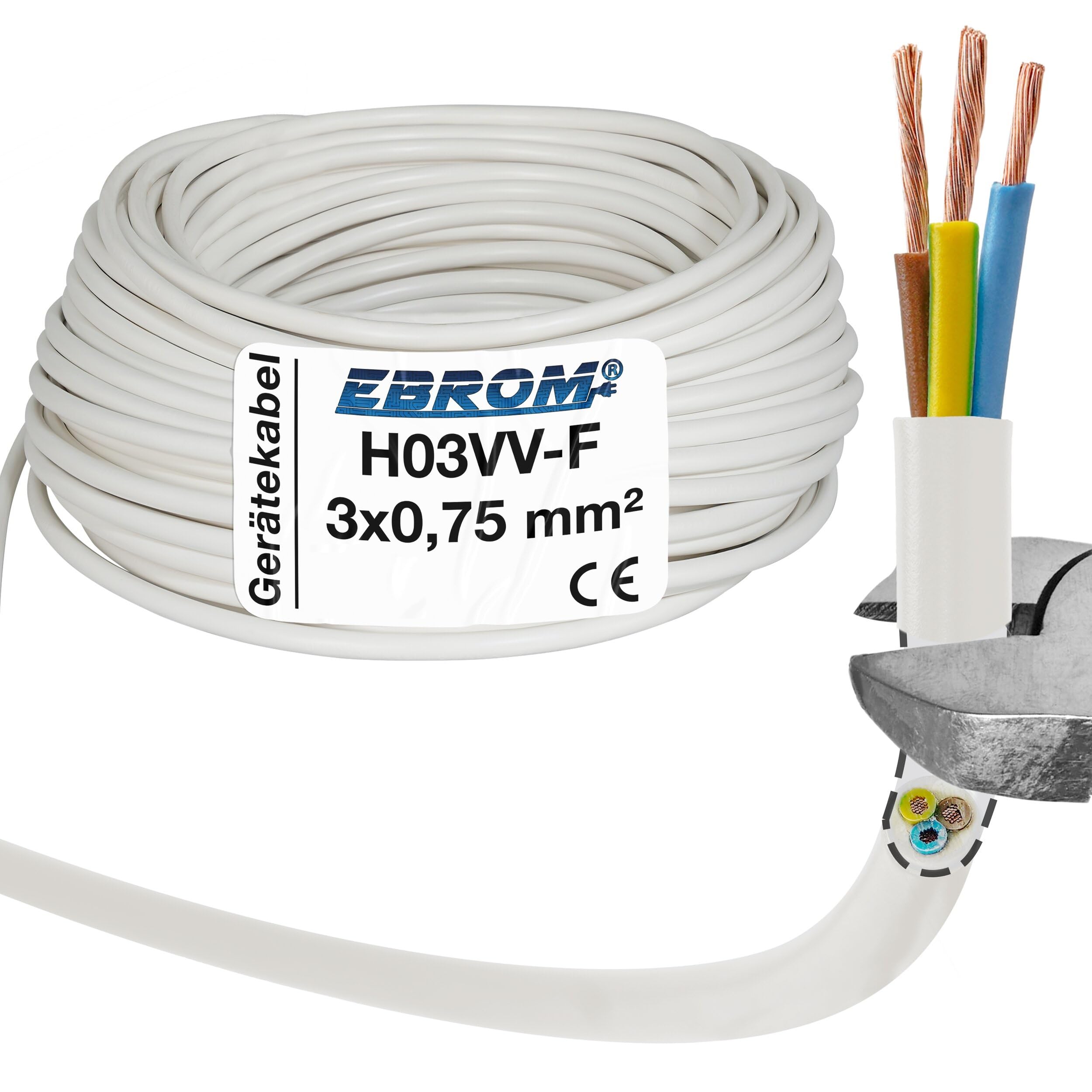 EBROM Cable de plástico redondo, cable, cable de alimentación, cable, cable de dispositivo H03VV-F 3 x 0,75 mm², color: blanco, muchas longitudes en incrementos de 5 metros de hasta 200 metros 3G0,75