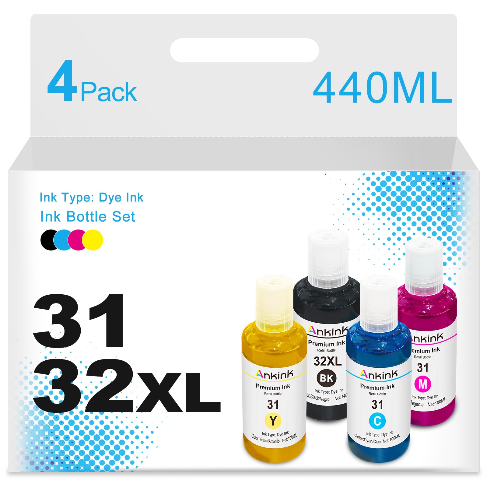 31 32XL Ink Bottle Set, 32 XL Ink Refill Compatible for HP Smart Tank 7301 7602 651 5000 5101 6001 5102 551 555 Printer,Black CMY