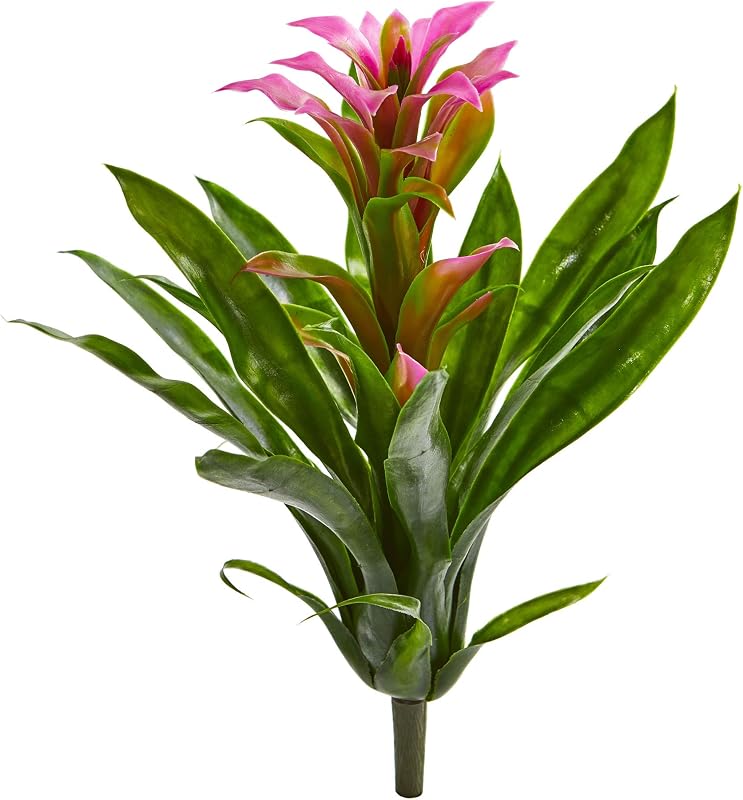 Juego de 4 centros de mesa de flores artificiales de bromelia de 15 pulgadas | Flores vibrantes y realistas, materiales de primera calidad hechos a mano, jarrón no incluido, perfecto para tocador de dormitorio o mesa auxiliar