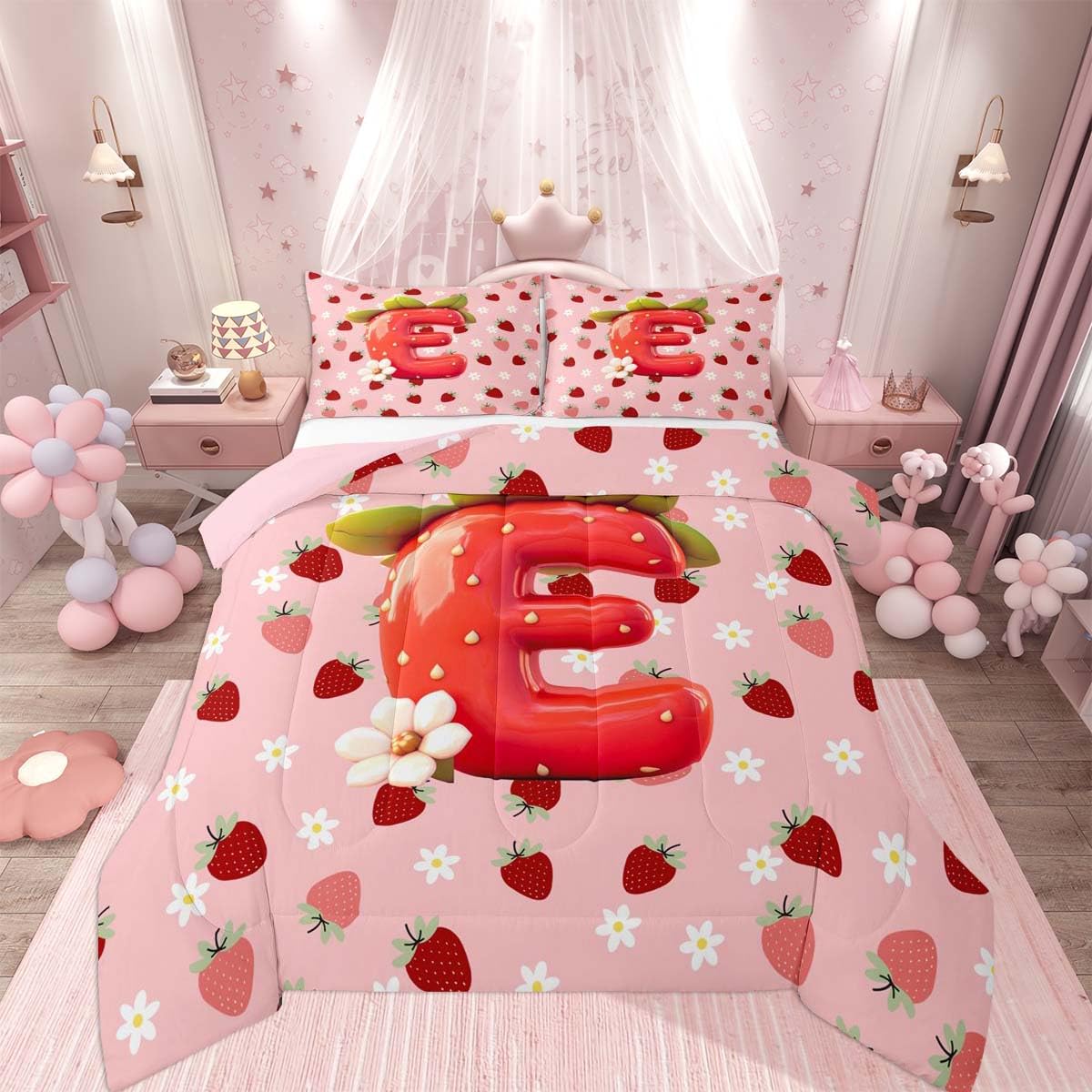 Feelyou Girls Pink Red Strawberry Comforter Set Queen Size Initial Letter E Bedding Set for Kids Boys Girls Princess Strawberry Duvet Quilt Bedroom Decor Microfiber 3 Pcs with 2 Pillow Cases