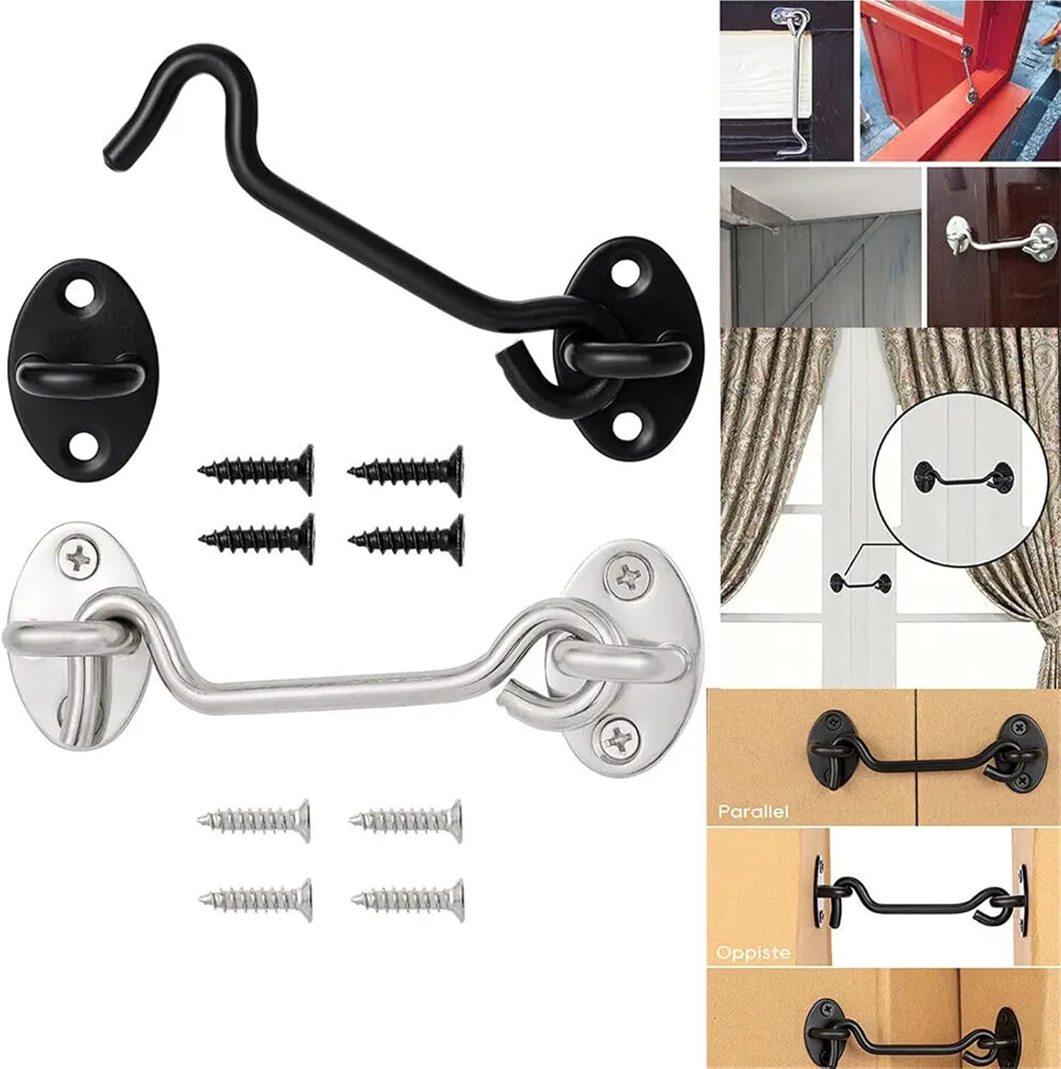 Hook and Eye Latch 6Pcs Door Bolt Stainless Steel Window Sliding Door Latch Cabin Hook and Eye Latch Lock Shed Gate Door Catch Silent Holder(Black-4 inches)