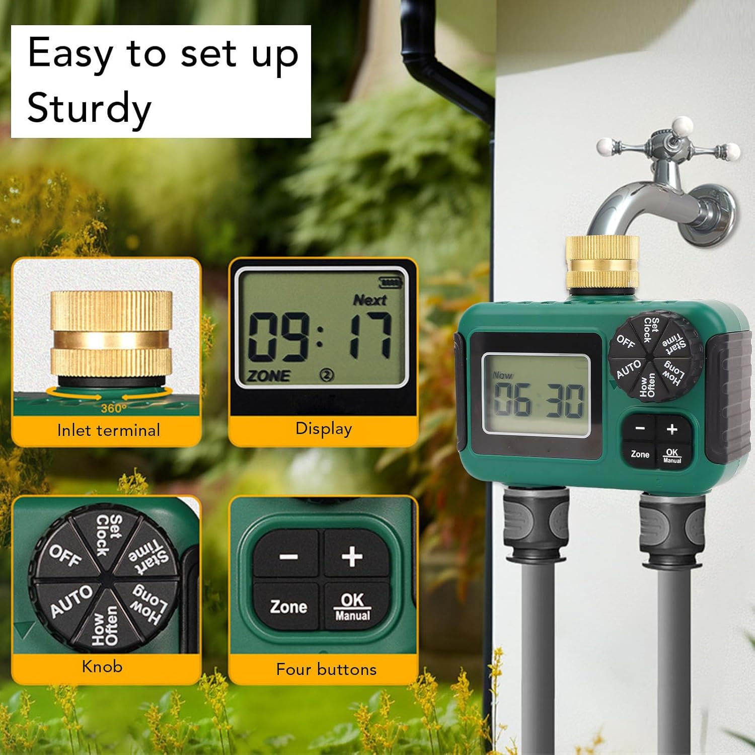 2 Outlet Sprinkler Timer with Brass Inlet, IPX5 Water Proof LCD Display Hose Timer, Set Accurate Watering Schedules Effortlessly, 2 Outlet Sprinkler Timer Smart Device