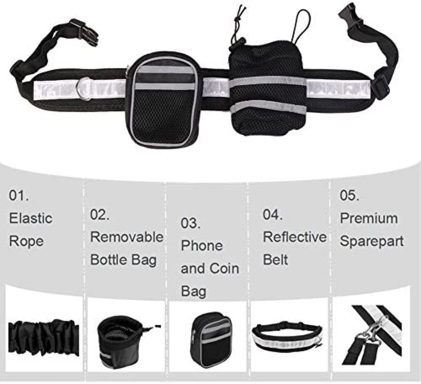 Laisse pour Chien, Laisse de Course Mains Libres pour Chien de Taille Moyenne et Petite, Ceinture de Marche, Bande réfléchissante avec 2 Pochettes