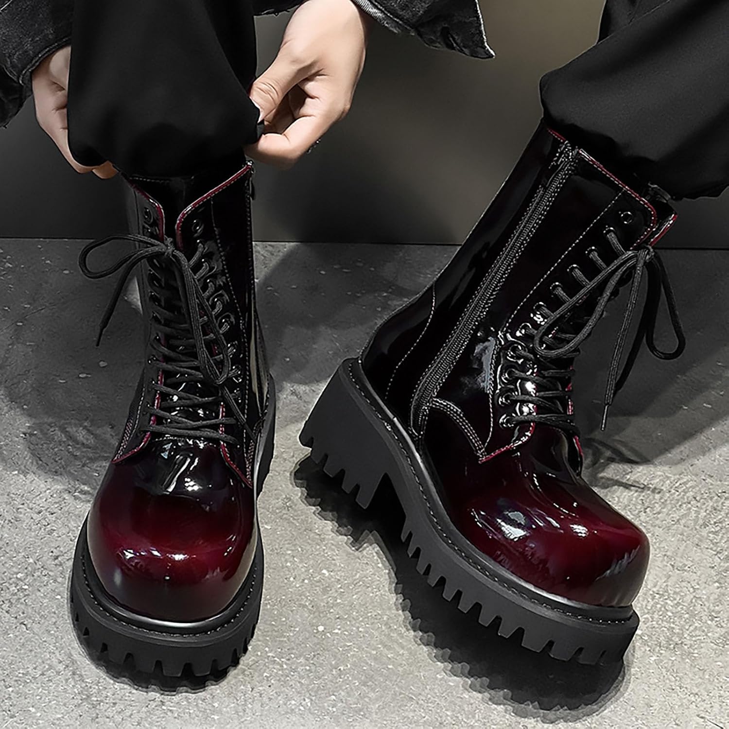 Men's Gradient Patent Leather Combat Boots Lace Up Side zipper Chunky Platform Mid Calf Boots Casual Dress Derby Ankle Booties for Motorcycle Party