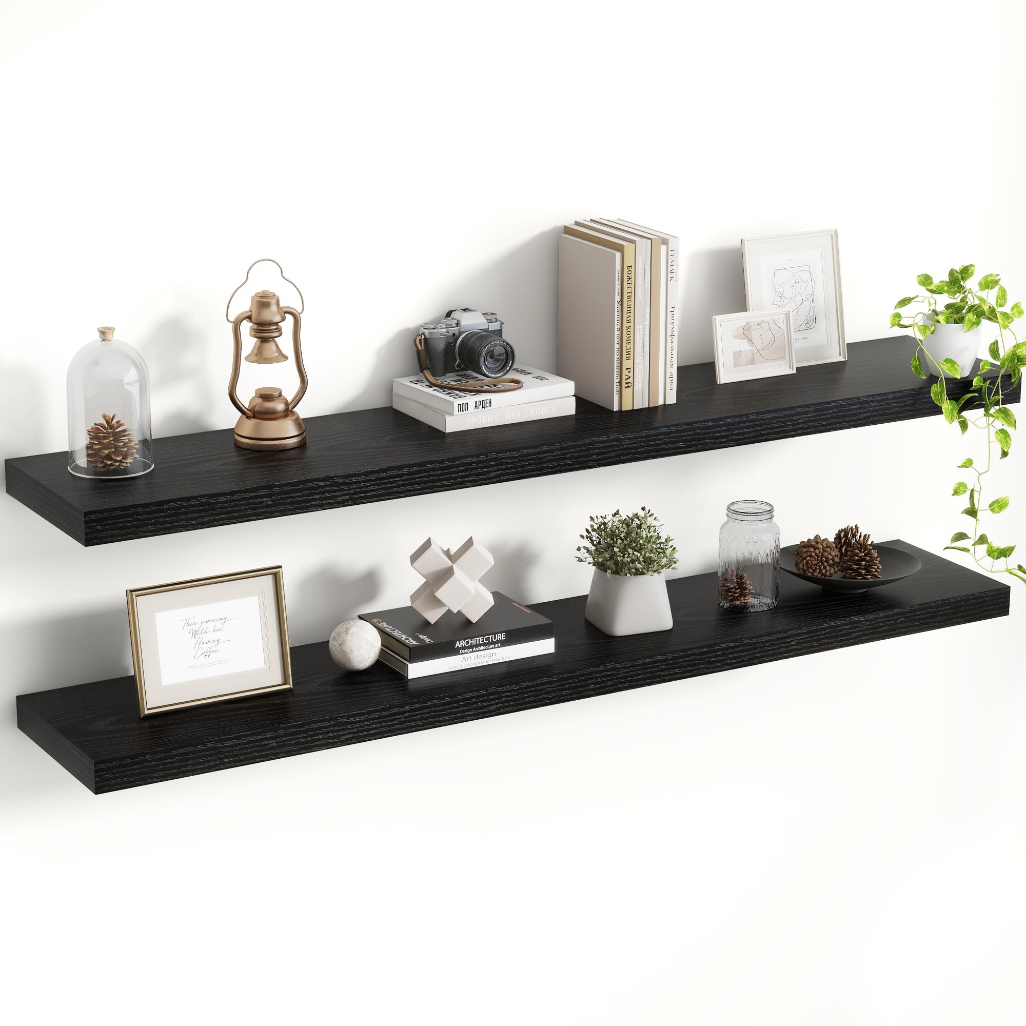 Acovy Floating Shelves for Wall, Extra Deep 120cm Long Wooden Wall Mounted Shelf, Wall Shelves for Living Room Bathroom Bedroom Kitchen, Black, Set of 2