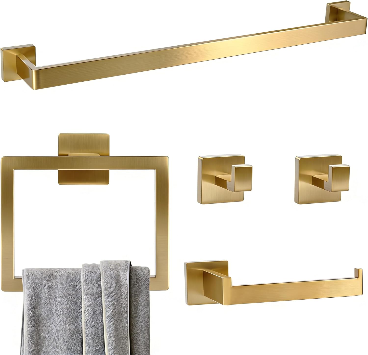 5-Pieces Brushed Gold Bathroom Hardware Set, SUS 304 Stainless Steel 24.48 Inch Square Towel Bar Set with Towel Ring Robe Towel Hooks and Paper Towel Holder for Bathroom Wall Mounted