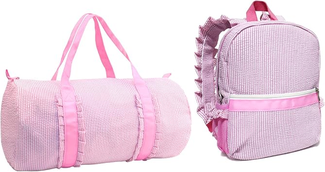 Kids Travel Overnight Bag Seersucker Weekender Duffel Bag Toddler Backpack Pink Mini Preschool for Boys and Girls