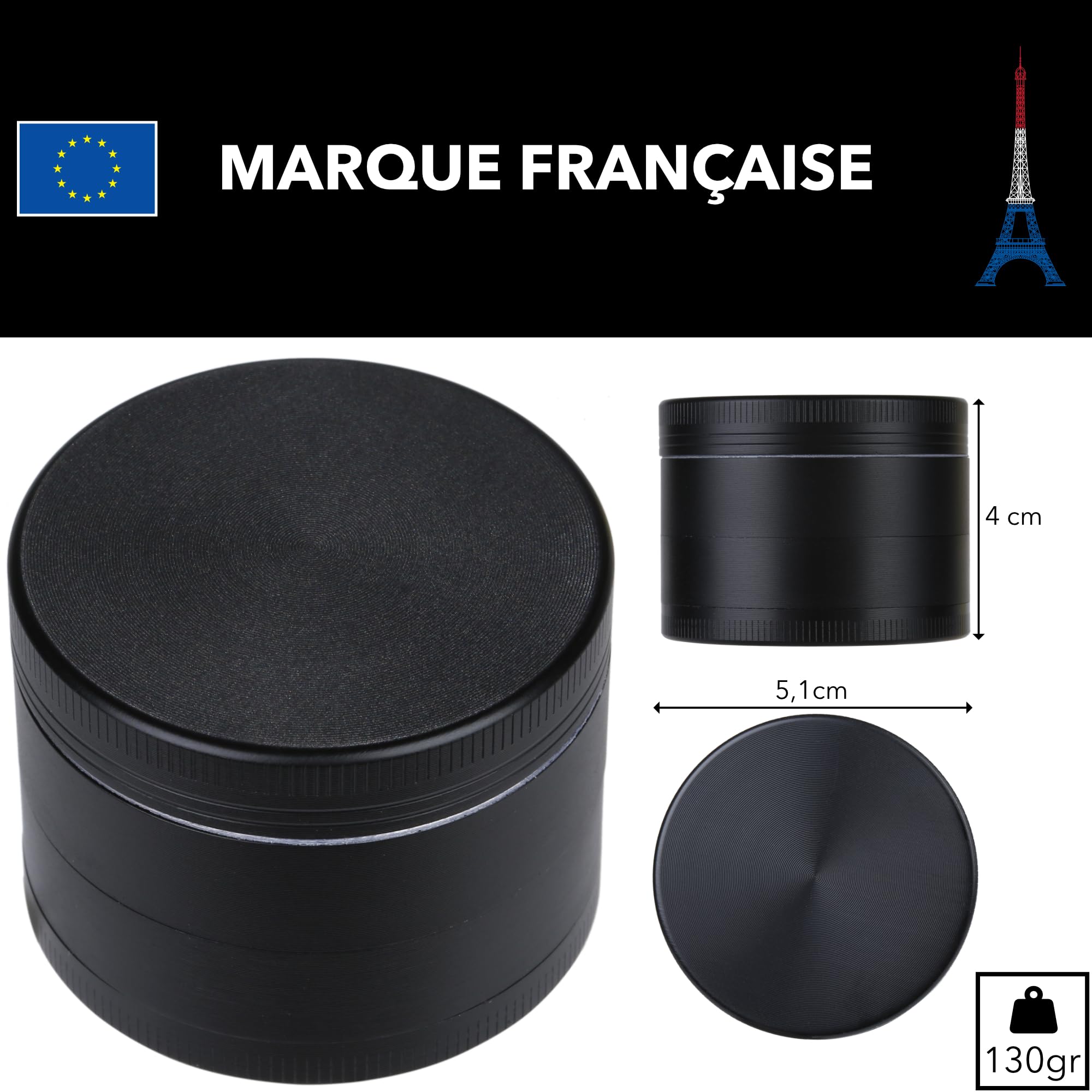 Grinder [ Marque Française] Moulin à Epices - 4 Parties dont 3 Compartiments avec Filtre et Mini Spatule - 55x40mm