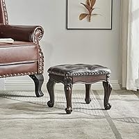 Vista 5 de LEILISI Taburete pequeño otomano de cuero marrón, reposapiés tapizado tallado vintage, taburete de madera de goma para sofá (negro-marrón)