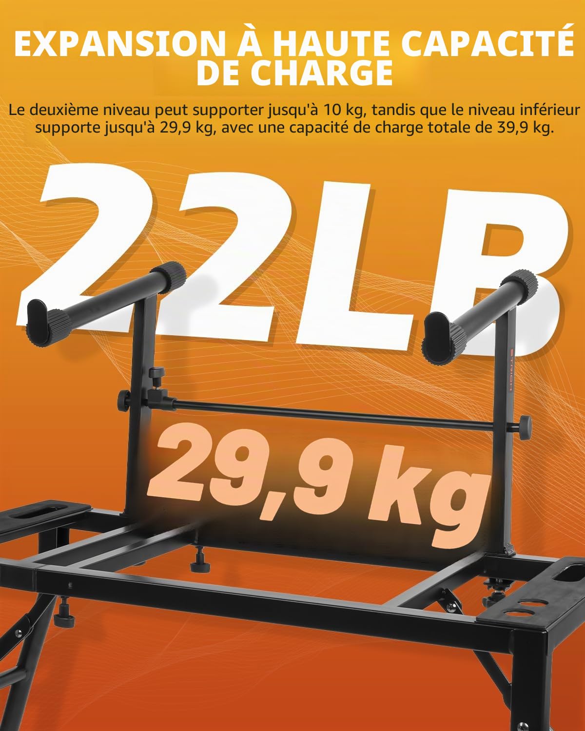 STRICH Support de clavier de piano double avec 2ème niveau – Réglable et pliable à 2 niveaux – Support de musique robuste pour synthétiseurs et claviers numériques électriques – Convient aux pianos de