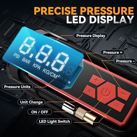 Auto Dynasty 12V Digital Tire Inflator, 150 PSI Air Pump with LED, Red