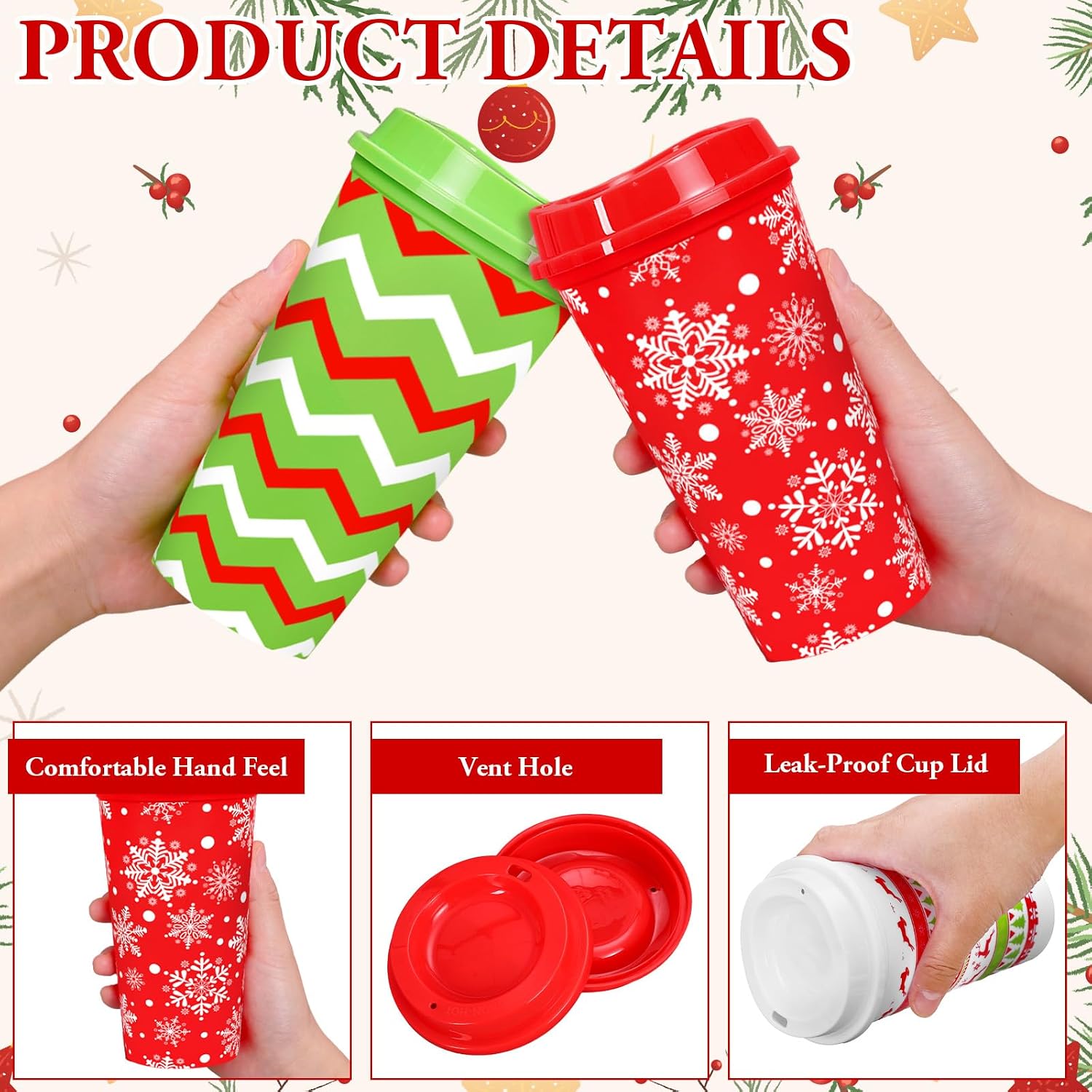 Whaline 12 Pack 16 Oz Christmas Reusable Coffee Cups with Lids Red and Green Pattern Plastic Tumbler Coffee Travel Mug for Xmas Party Supplies Hot Cold Drinks image 3