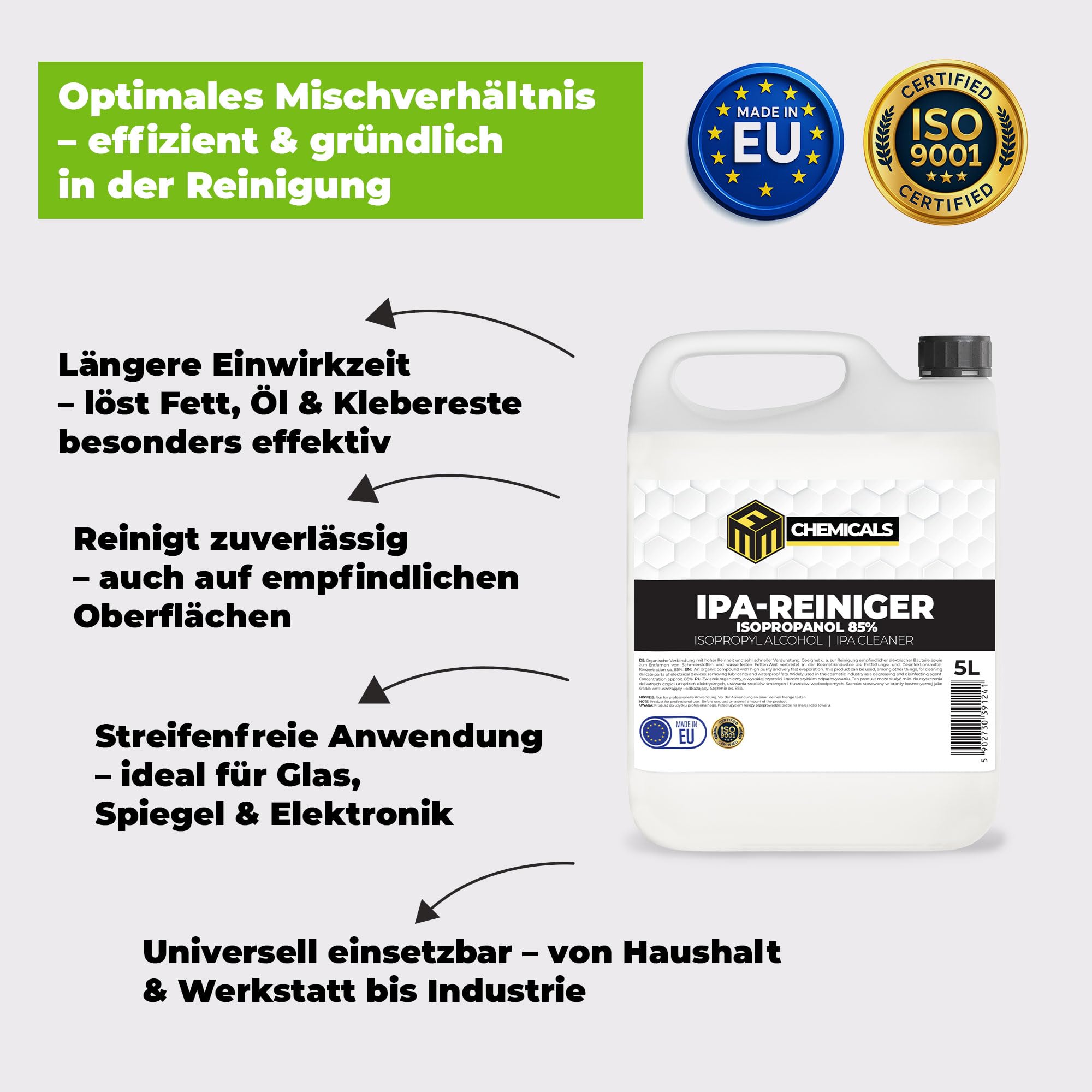 Isopropanol 85% IPA 44 x 5L – Isopropylalkohol Reinigungsalkohol für Elektronik, Glas, Auto & Werkstatt – Klebereste Entferner, fettlösend & rückstandsfrei