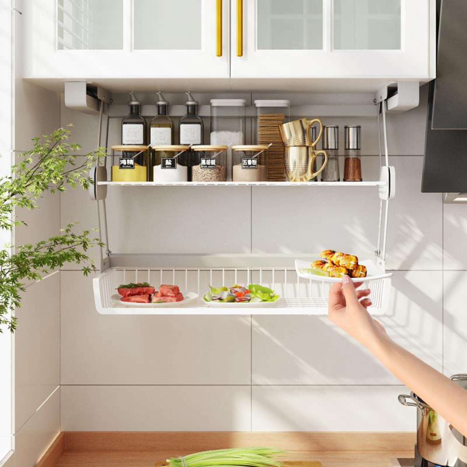 Portaspezie da cucina, regolabile, comodo ripiano a 2 livelli, cestino sollevabile e pieghevole, ripiano galleggiante per piatti sopra la stufa, bianco