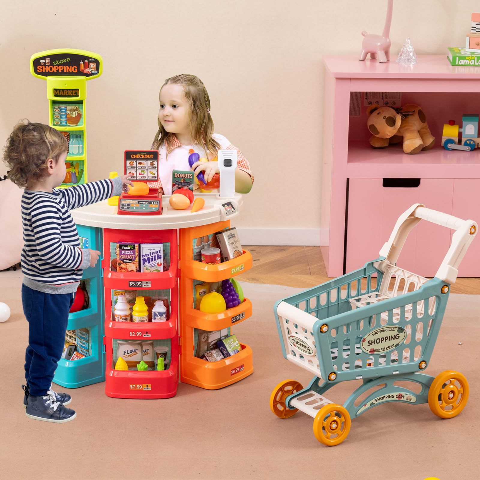 HOMASIS Supermarkt mit Einkaufswagen & 29 Zubehör, Kaufladen mit Licht & Sound, Kaufmannsladen mit Kasse, Waage & Scanner, Supermarkt-Spielset Verkaufsstand Einkaufsladen für Kinder ab 3 Jahren (Blau)