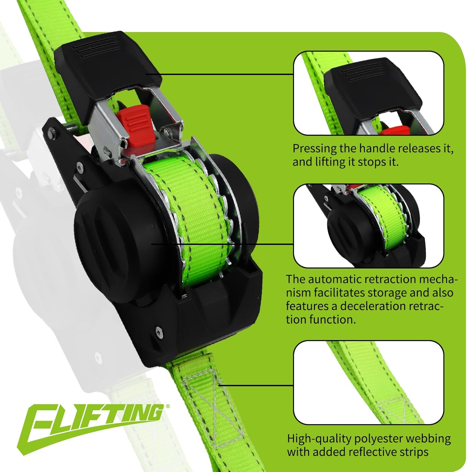 4-Pack Retractable Ratchet Straps 1” x 10ft – 1650lb Break Strength Heavy Duty Auto Self Retracting Tie Down Straps with Reflective Stitching for Truck, Cargo Trailer, Motorcycle, ATV - Green - Image 3