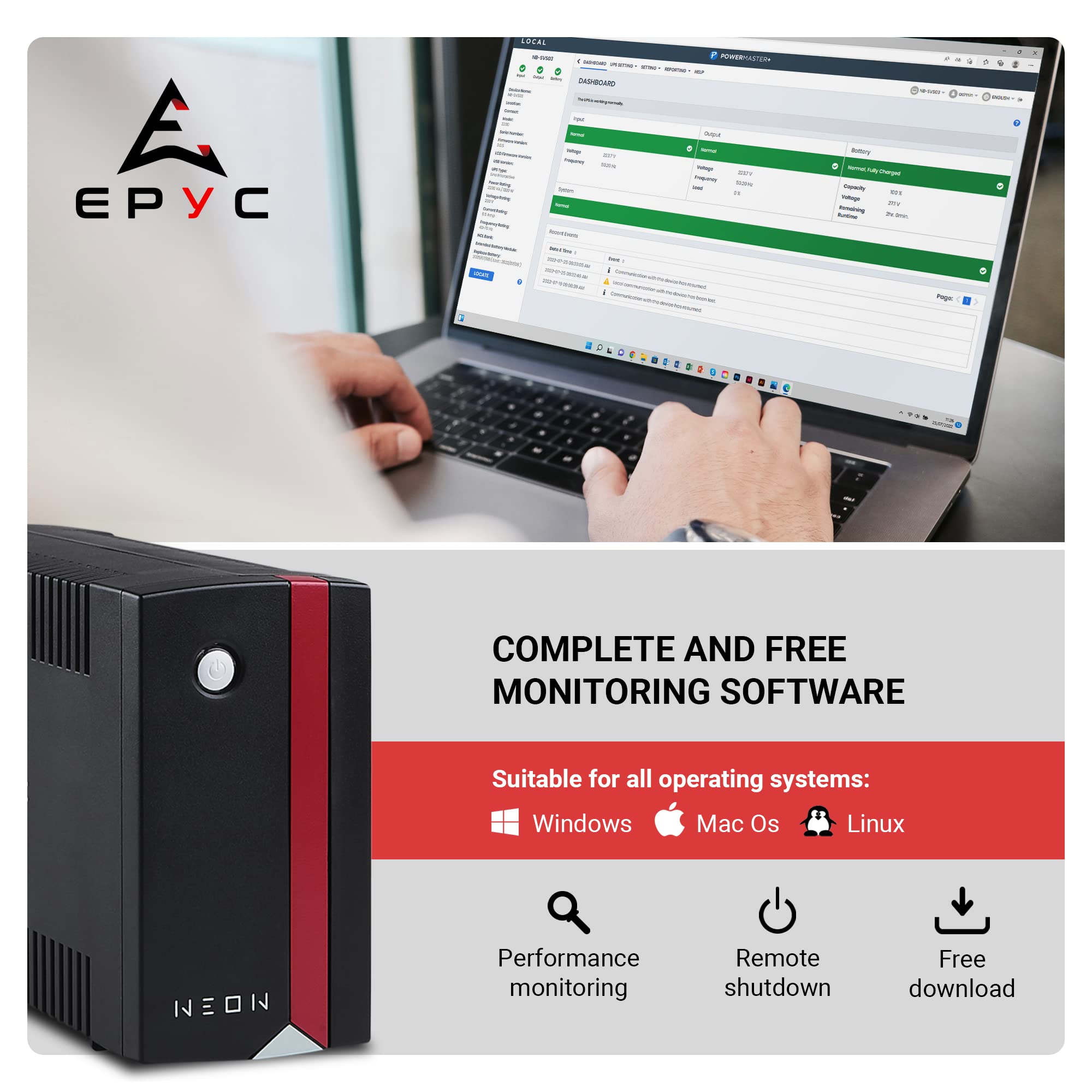 EPYC Neon – Onduleur pour PC et Modem, Puissance 650VA/360Watt, UPS pour la Maison, 2 Prises Schuko, UPS Line Interactive