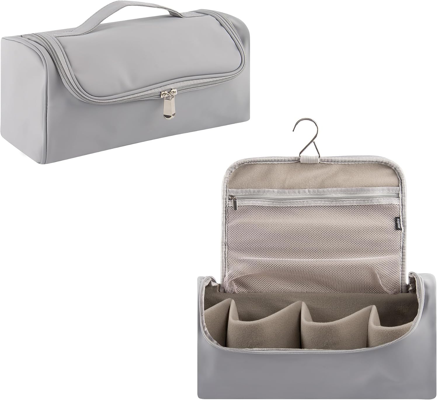 Hair Tool Organizer Case Compatible with Hair Dryer & Curling Iron - Premium Smooth PU Leather Storage Bag with Wall-Mountable Hook, Mesh Pocket, 4 Slots for Detachable Replacement Heads (Gray)