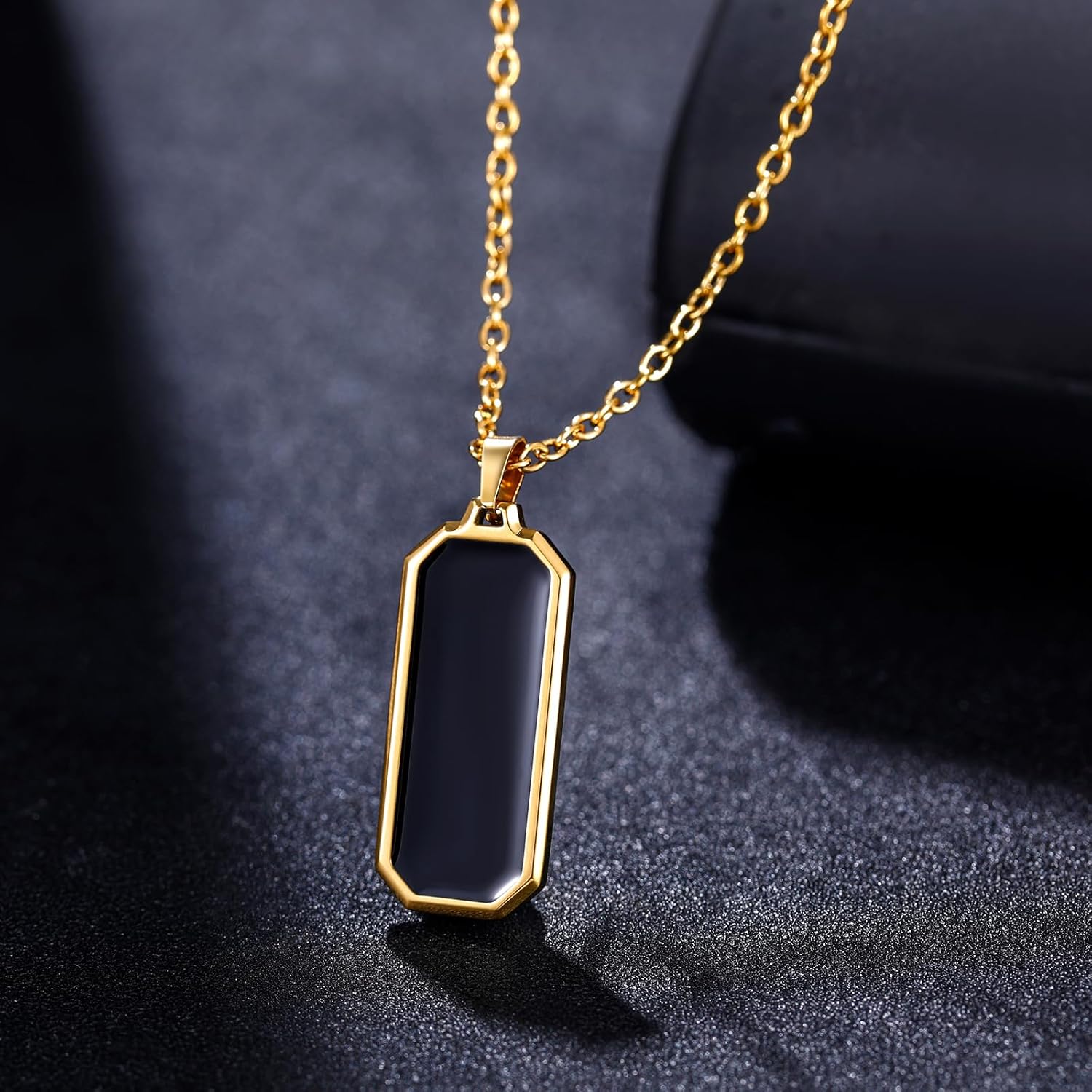 TRUMIUM Black Onyx Pendant Necklace for Mens Womens 14k Gold Plated Stainless Steel Necklace Square Rectangle Pendant Rope Chain 22inch