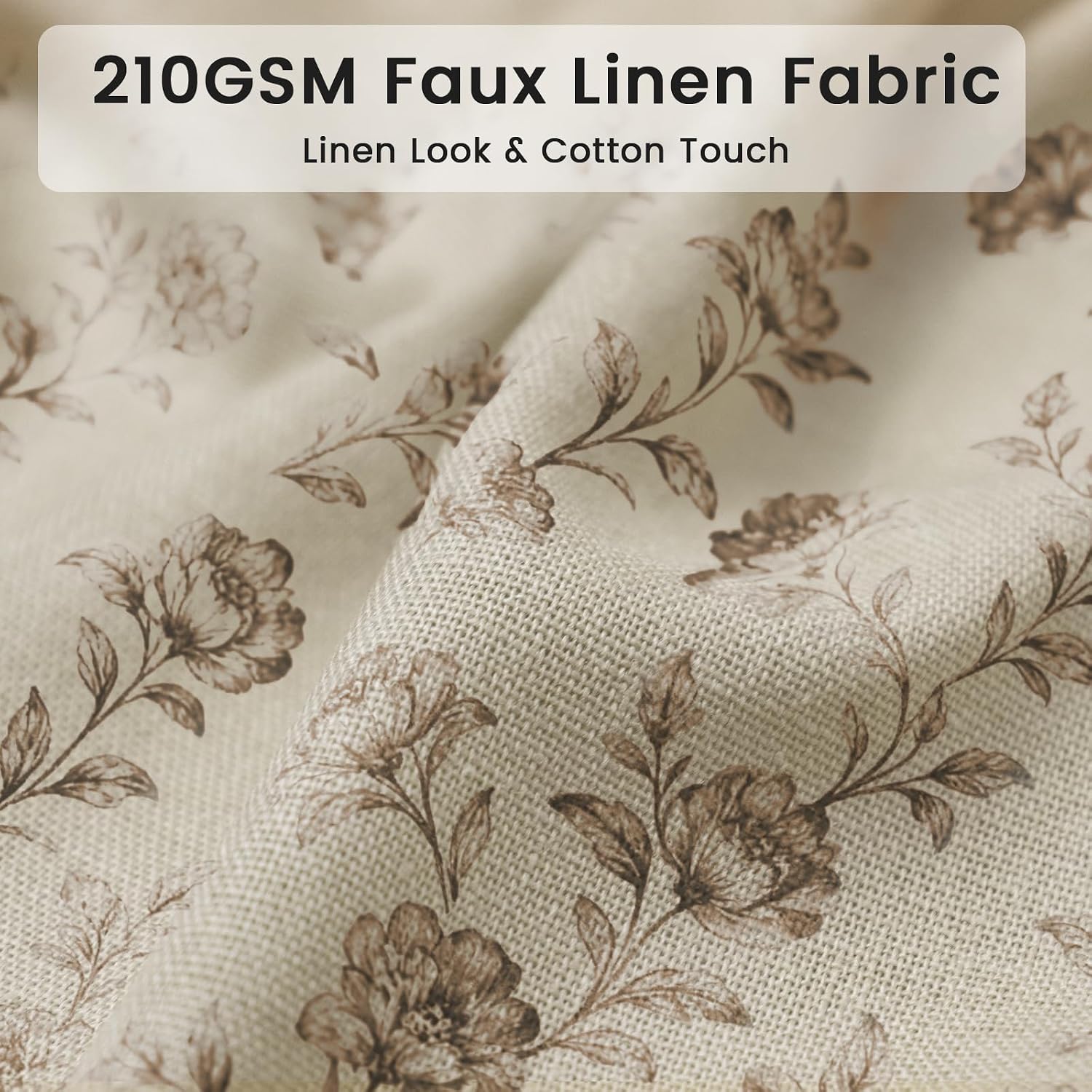 Farmhouse Brown Floral Shower Curtain with 12 Clear Rings, Fabric Faux Linen Shower Curtain Set, Vintage Cottagecore Shower Curtain for Bathroom 72" W x 72" L