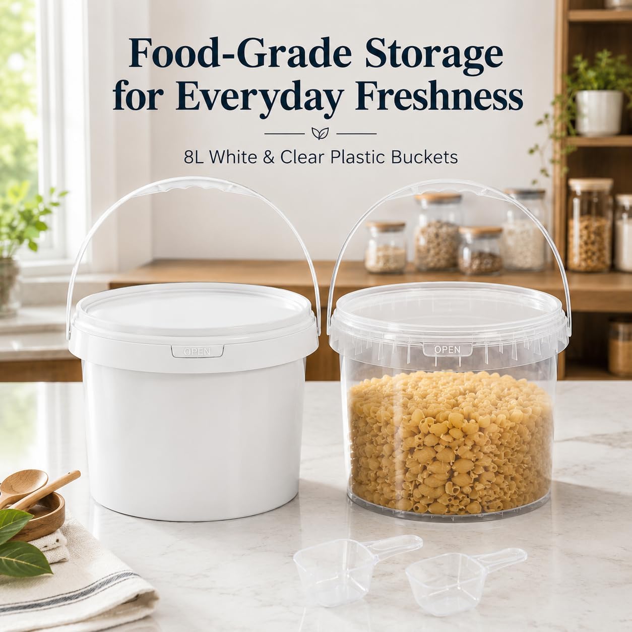 ASEVAT 2 Pack 2 Gallon Plastic Bucket with Lid, Food Grade Clear & White Storage Bucket with Handles & Scoop, Reusable Container for Ice Cream, Pet Food, Pantry & Ice Storage